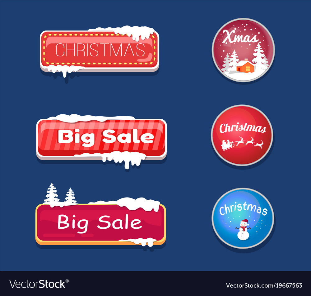 Set of winter theme web push button covered snow