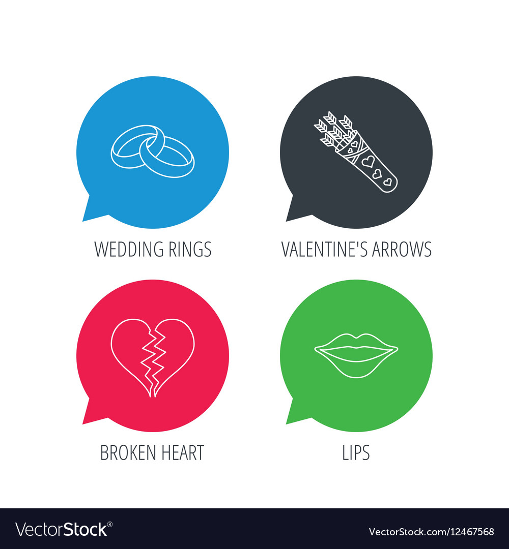 Broken heart kiss and wedding rings icons