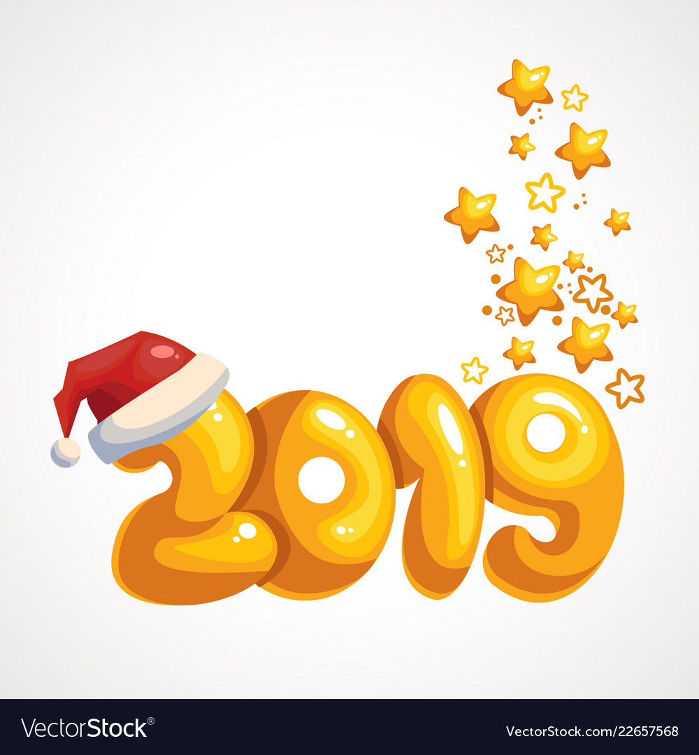 Cartoon yellow inscription 2019 in the santas hat