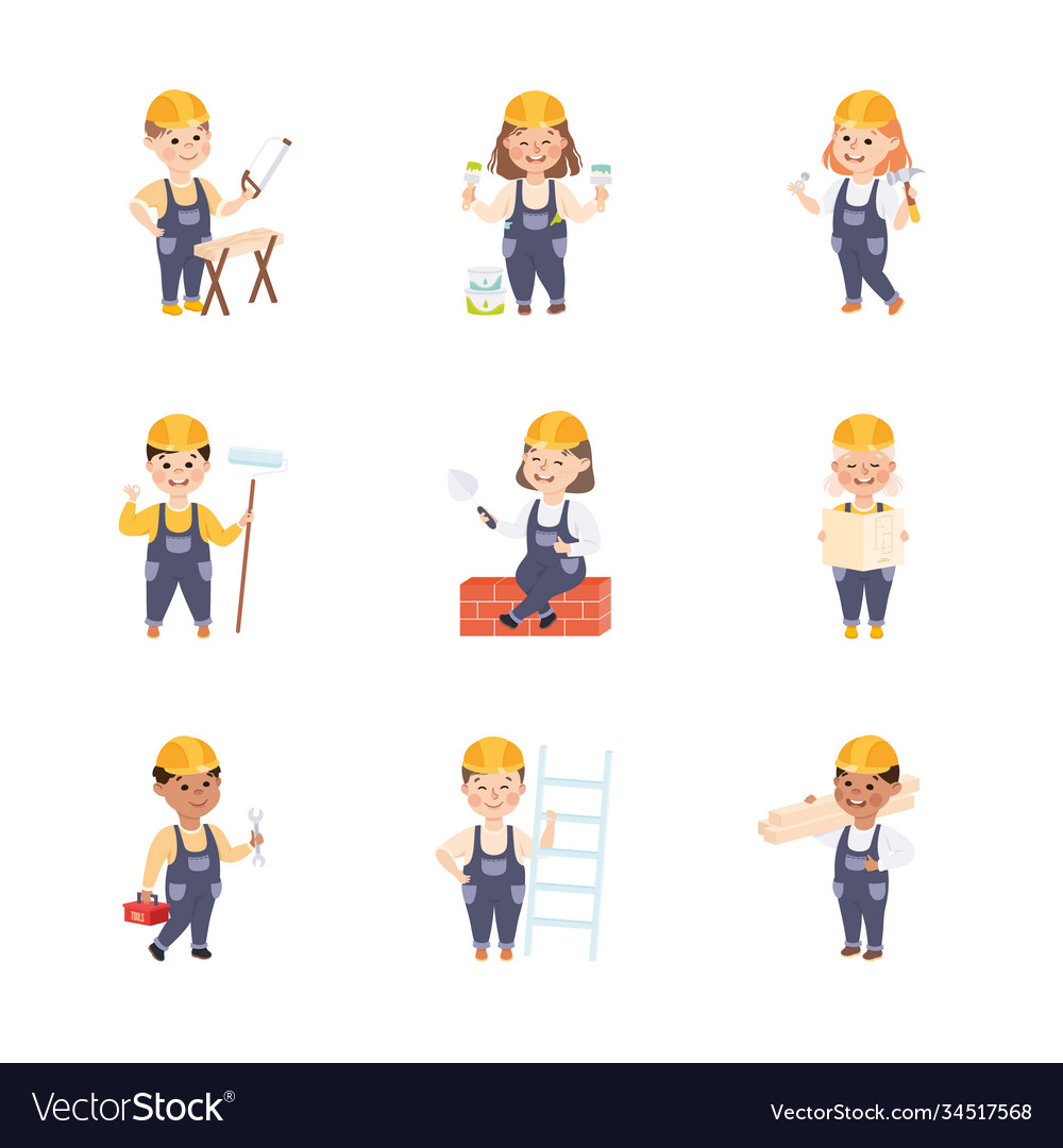 Cute little builders set boys and girls in hard Vector Image