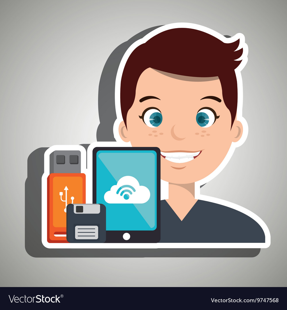 Man with smartphone and storage devices isolated