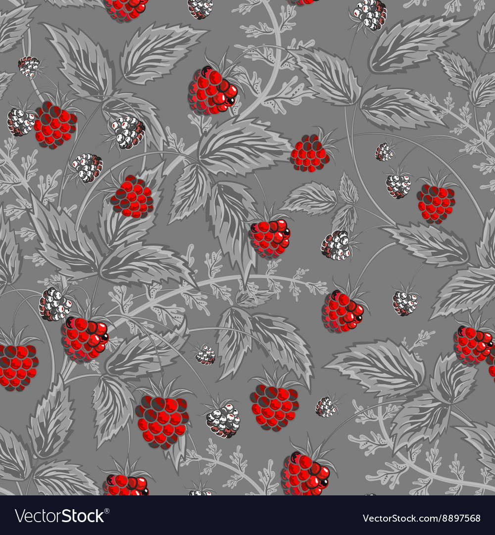 Seamless pattern with leaves and raspberry