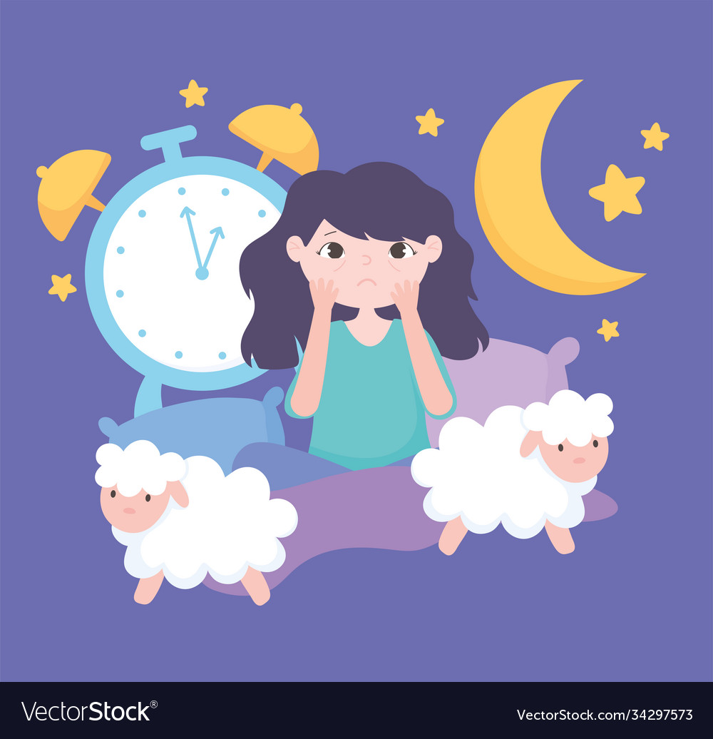 Insomnia worried girl in bed with sheeps Vector Image