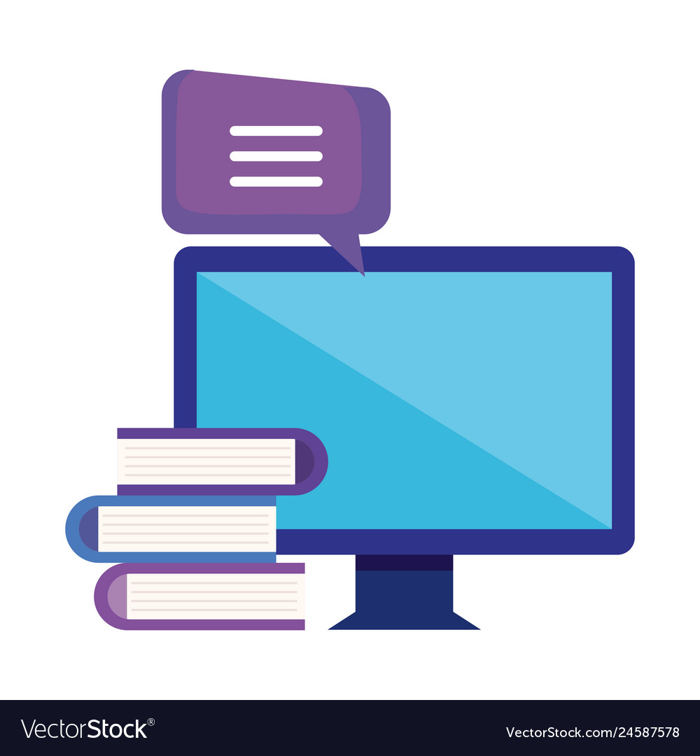 Computer with books and speech bubble vector image Computer with books and speech bubble