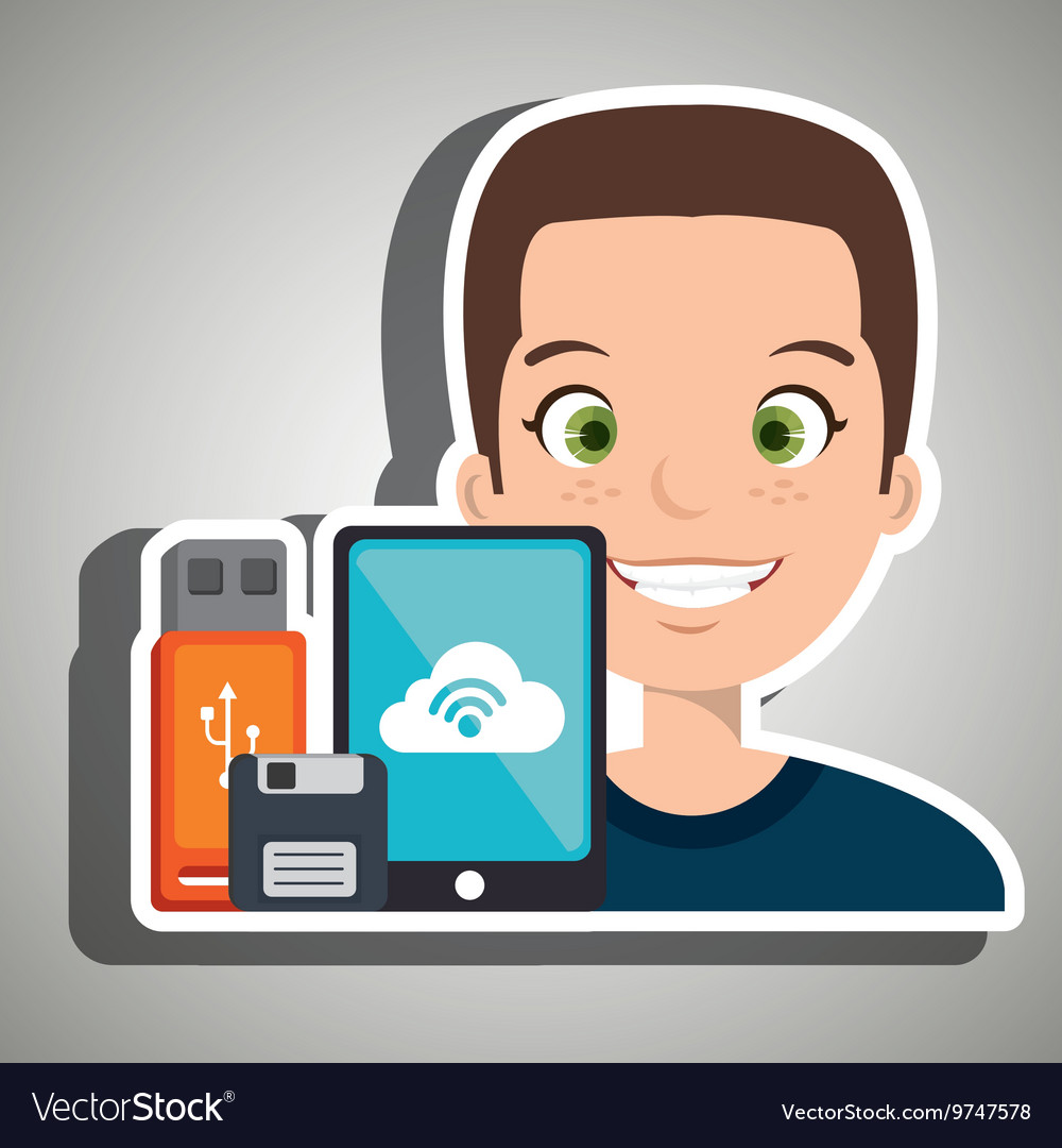 Man with smartphone and storage devices isolated