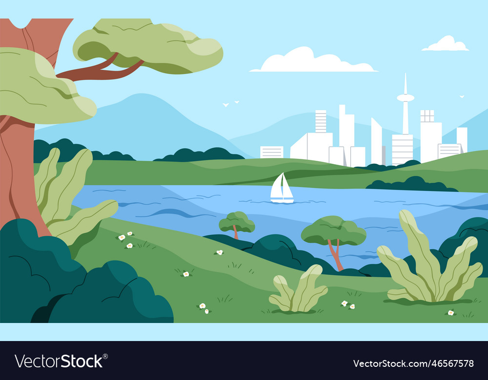 Nature landscape view on city buildings from