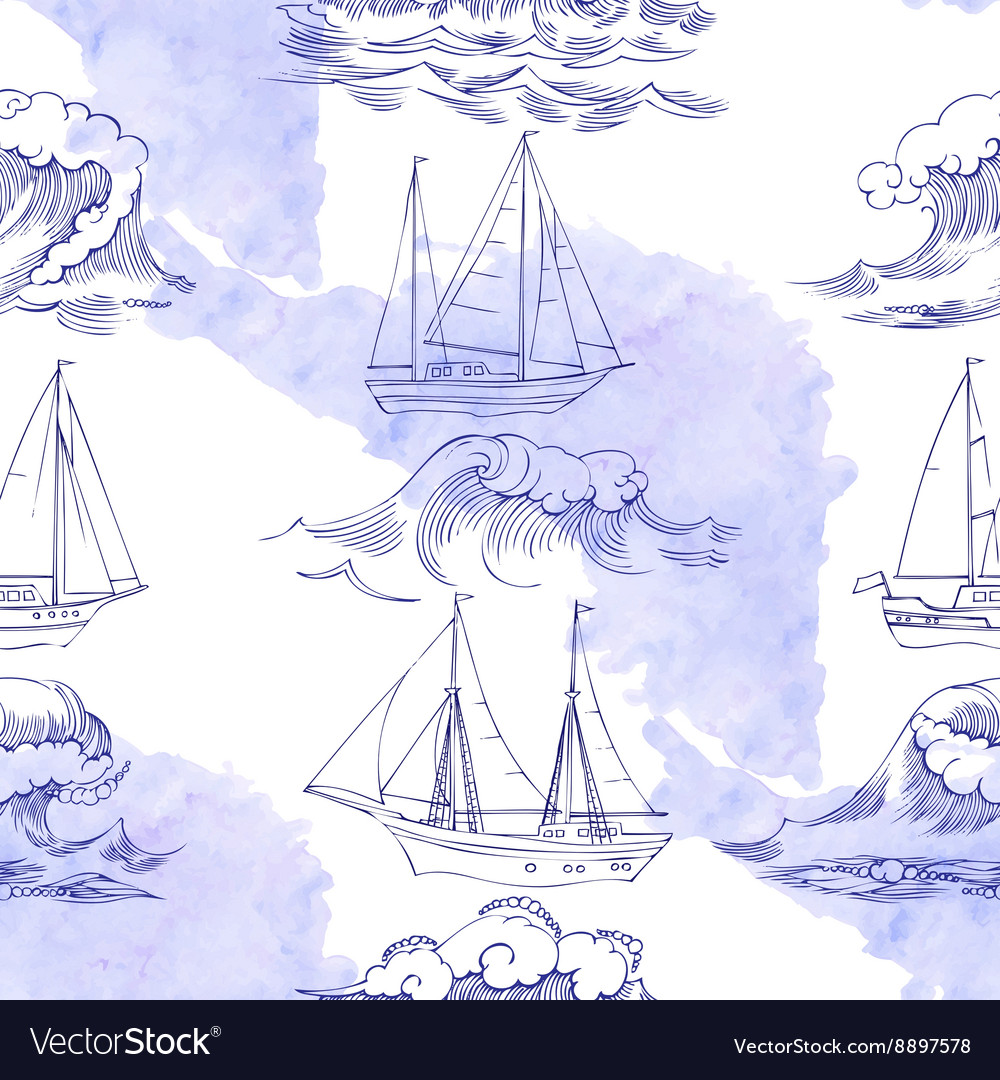 Seamless pattern with waves and ships