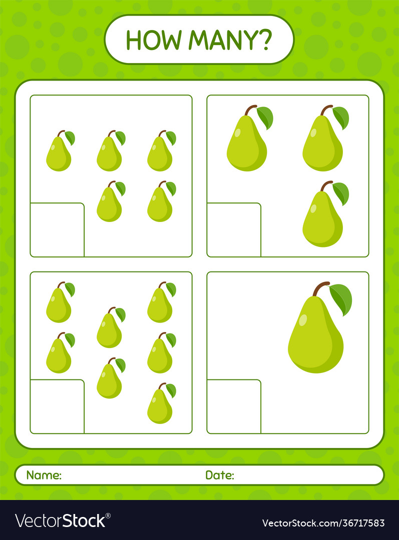 How many counting game with pear worksheet vector image How many counting game with pear worksheet