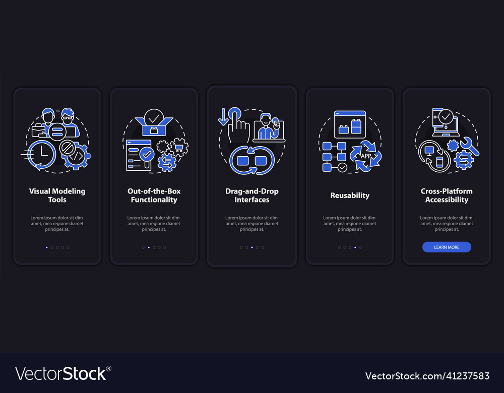 Low code platforms features night mode onboarding vector image Low code platforms features night mode onboarding