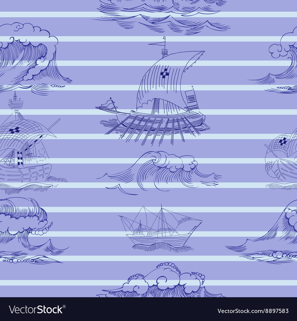Seamless pattern with waves and ships