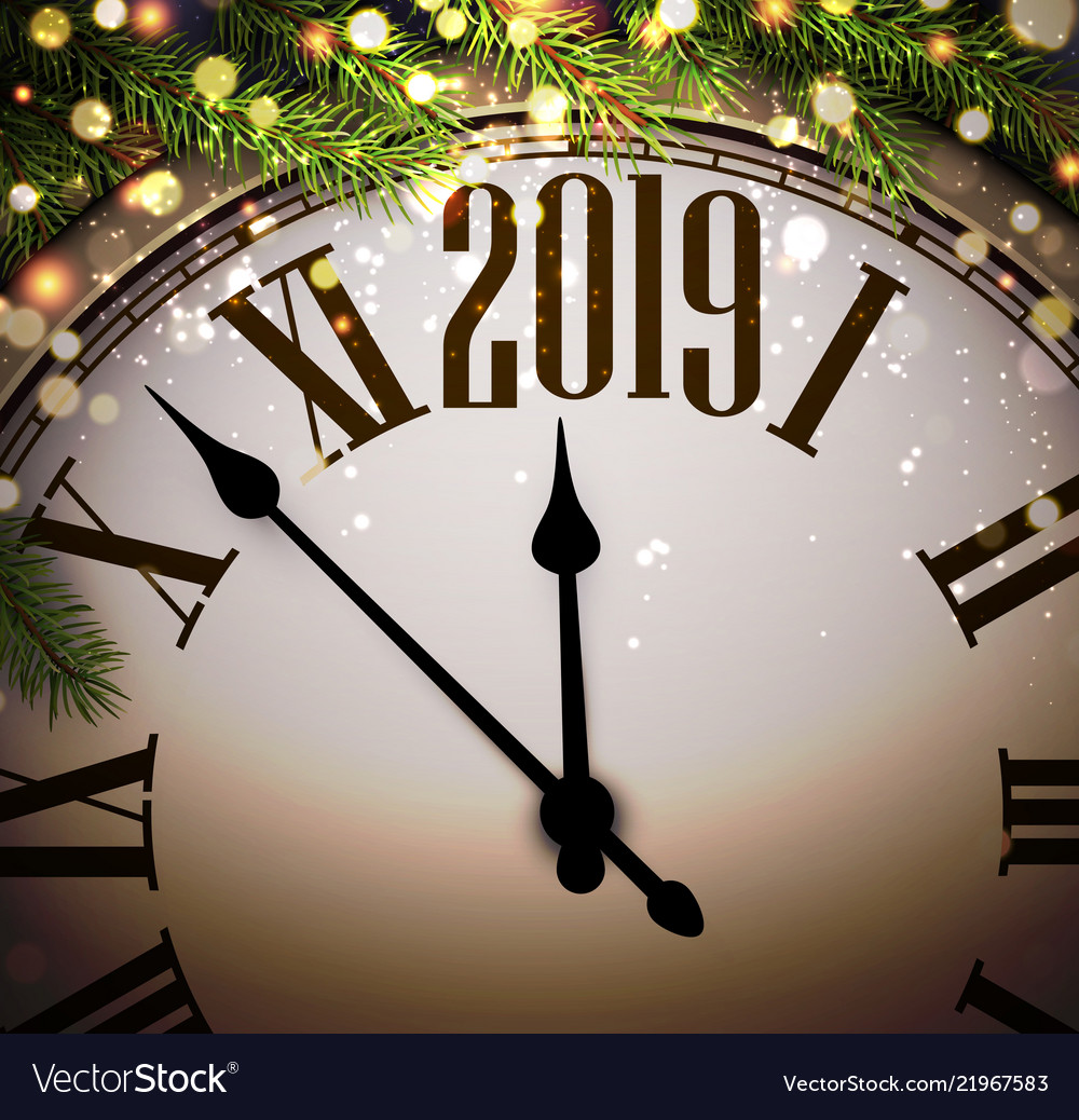 Shiny New Year 2019 Background - Clock & Fir Branc