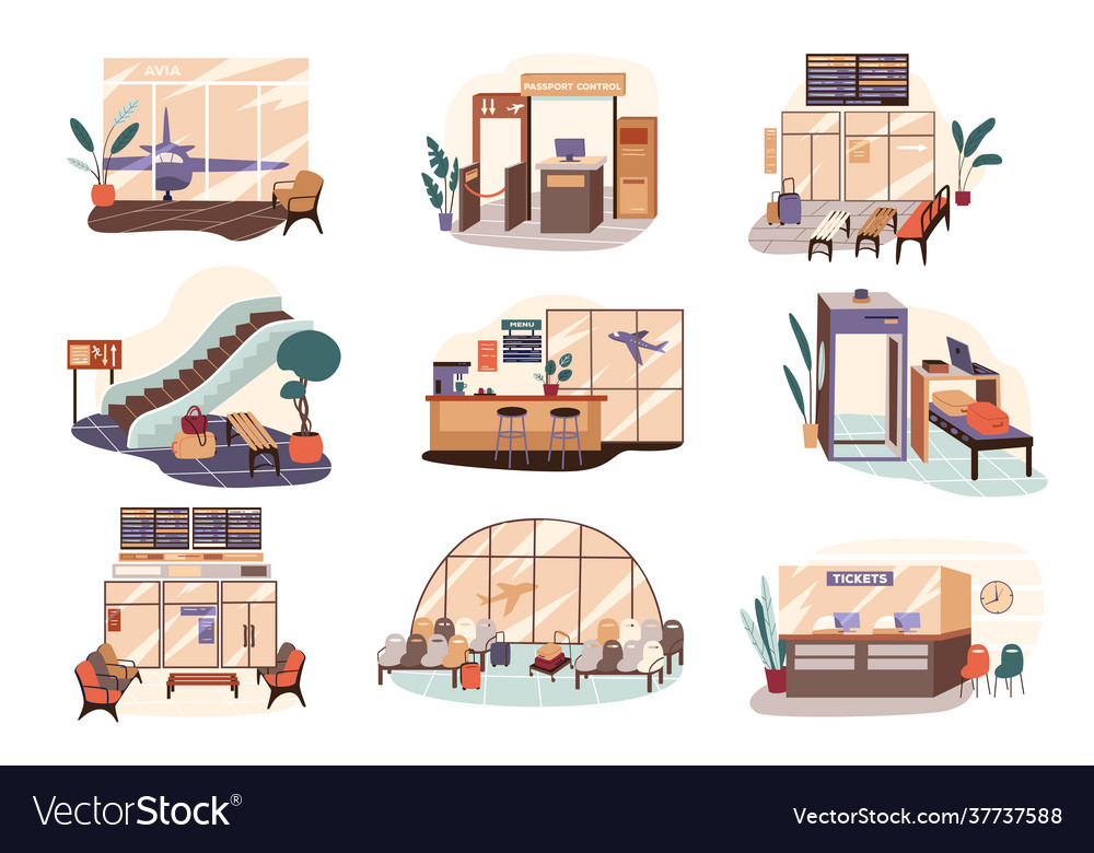 Airport terminal isolated scenes set