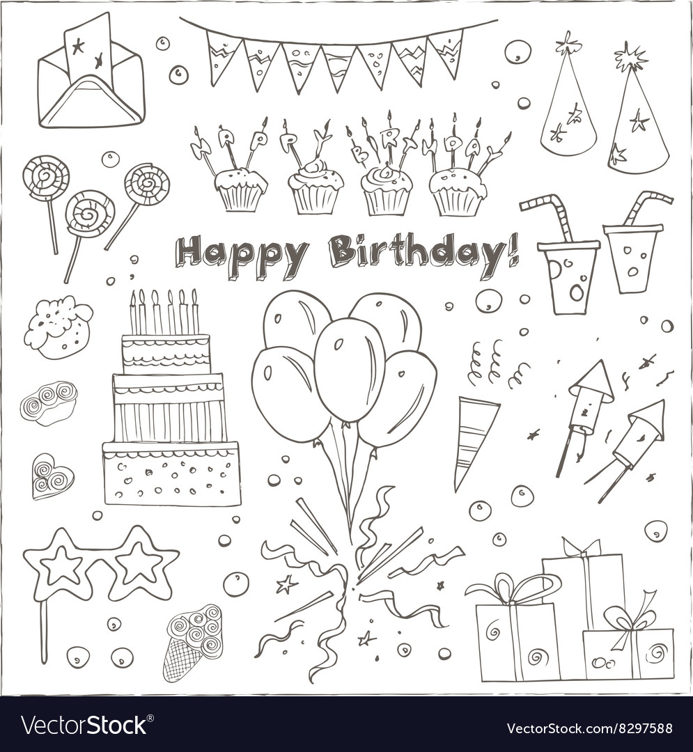 Birthday party doodles elements background Vector Image