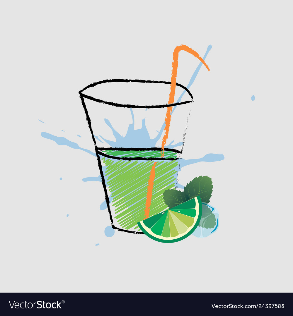 Cocktail mojito in hatching style seamless pattern