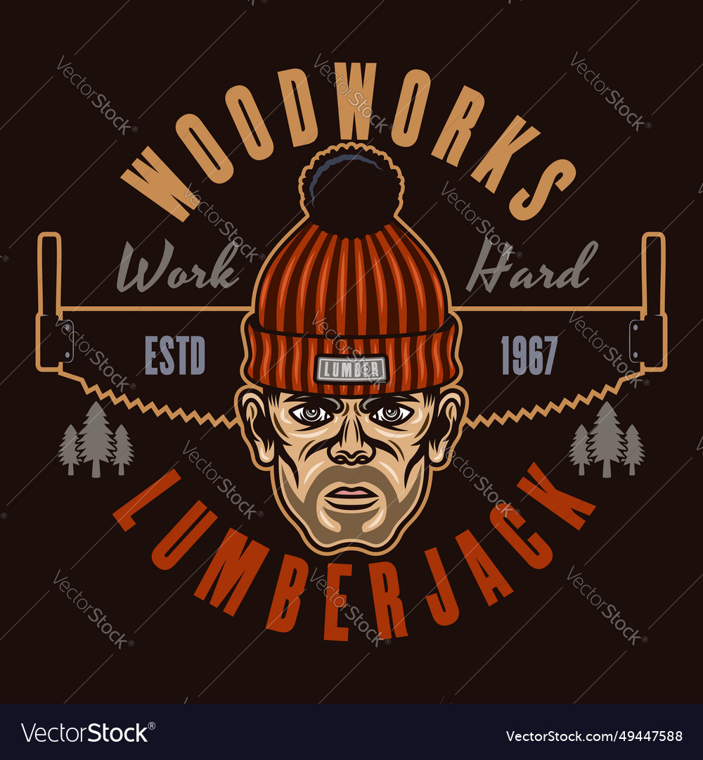 Lumberjack head in knitted hat and saw Royalty Free Vector