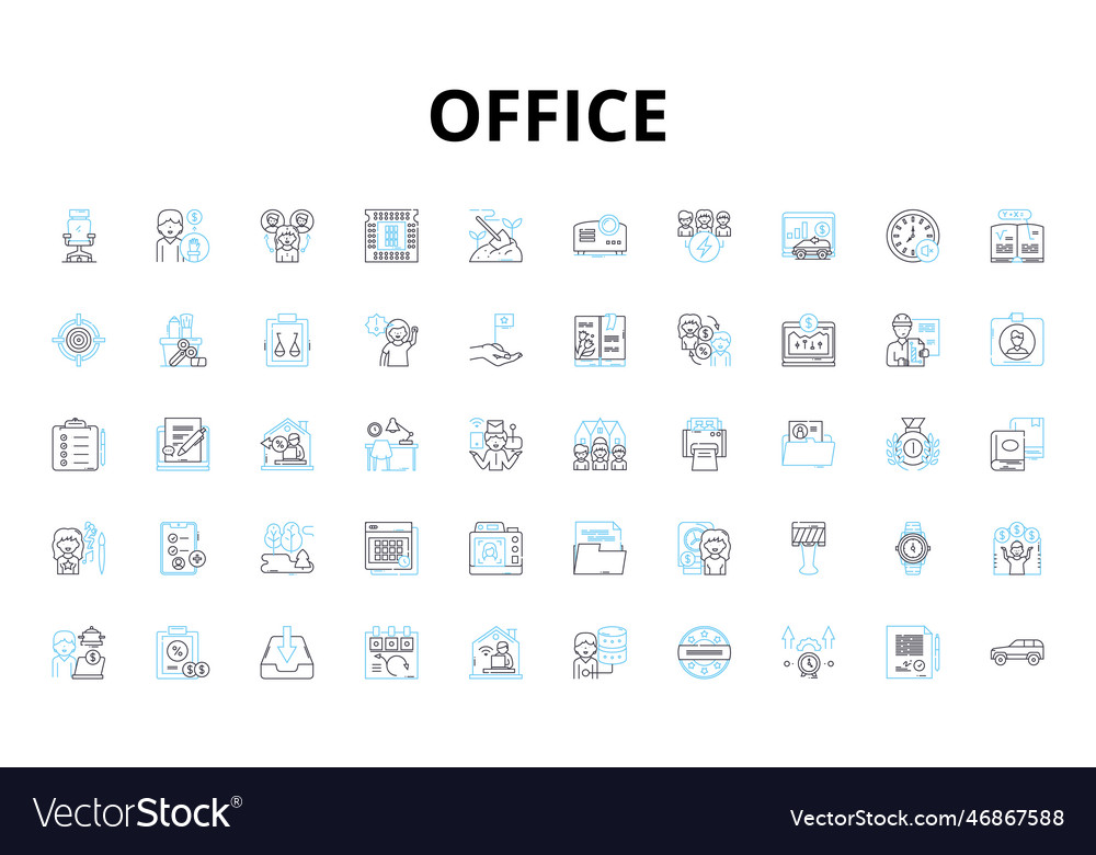 Office linear icons set desk computer printer