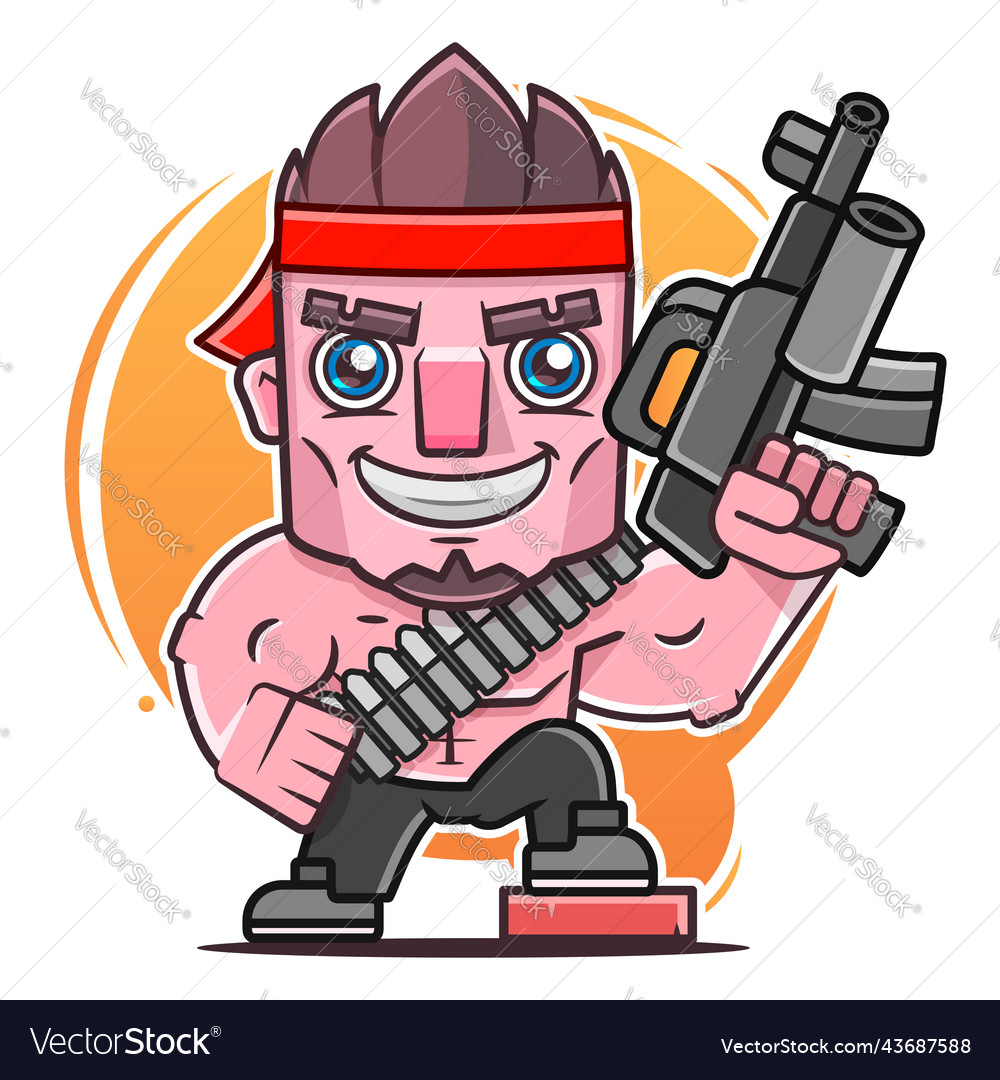 Soldier standing and holding big gun hand drawn