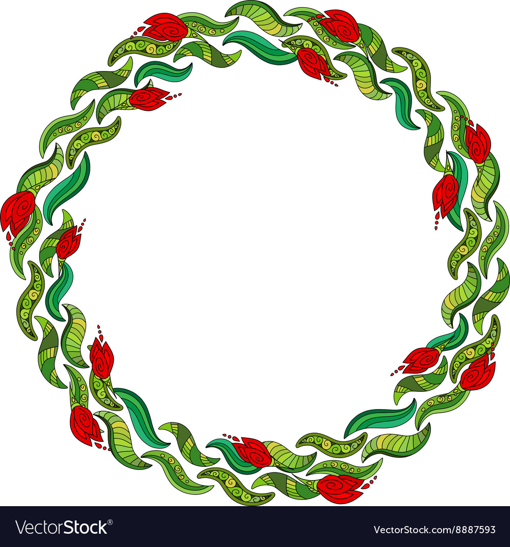 Hand drawn wreath with red flowers and green