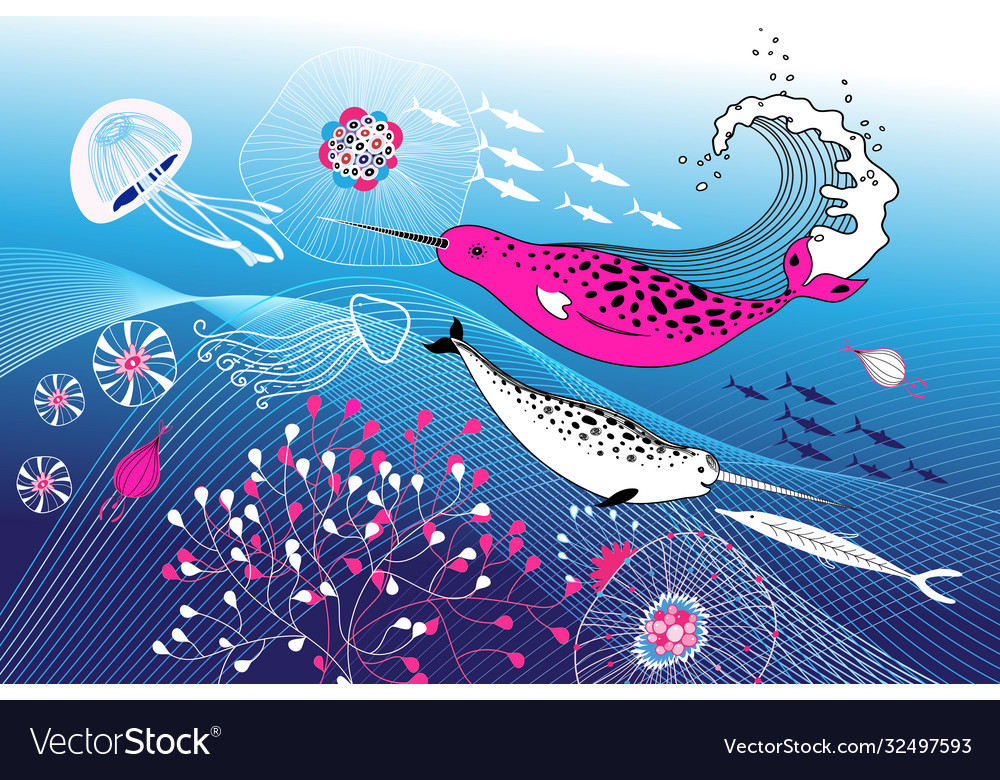 Marine background with narwhals