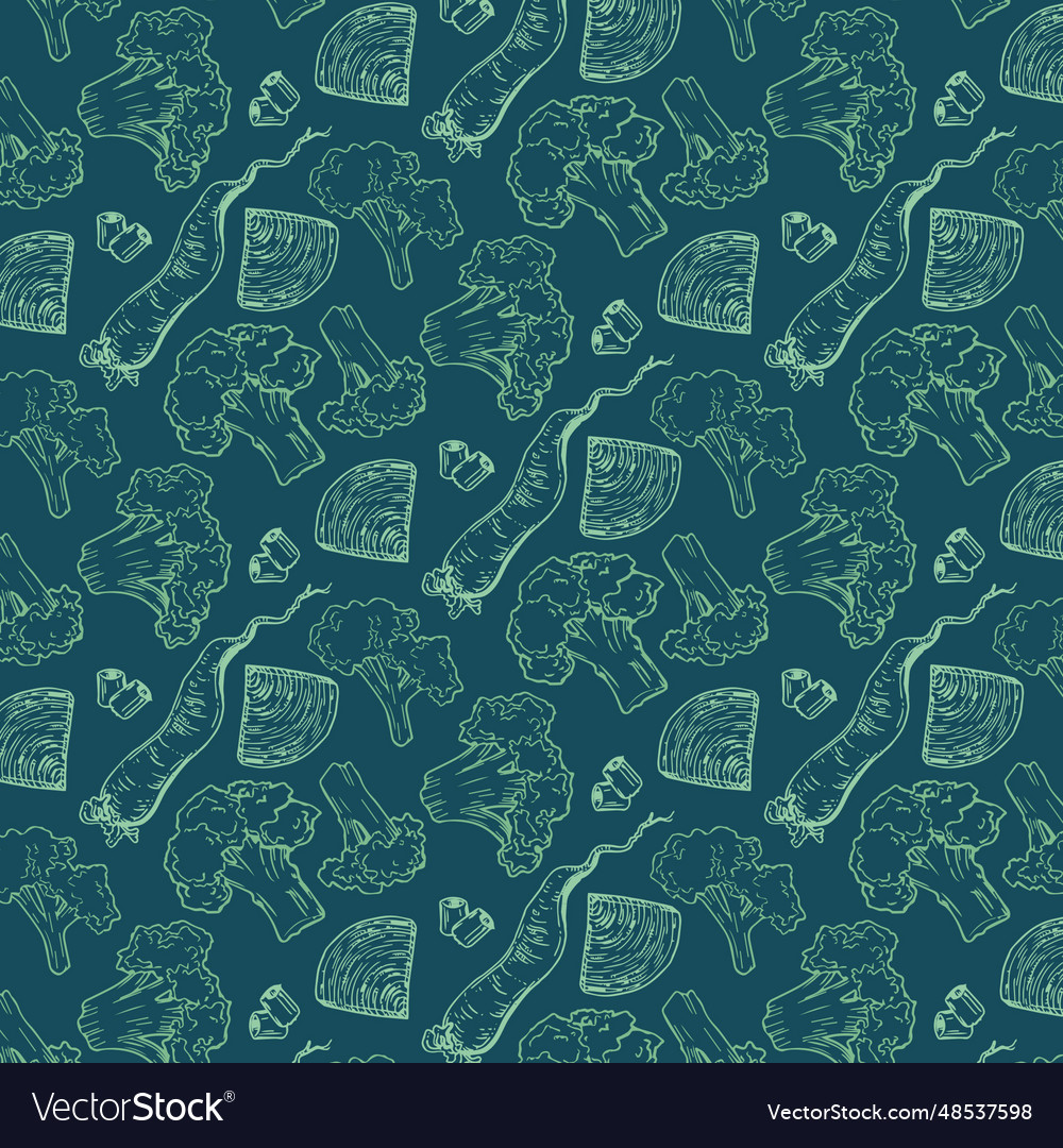 Pattern with broccoli daikon cucumber vector image Pattern with broccoli daikon cucumber