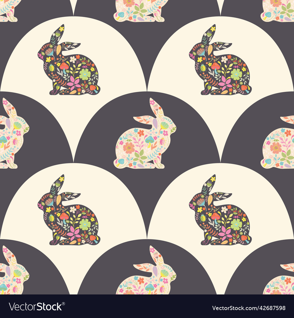 Scale rabbits floral seamless pattern