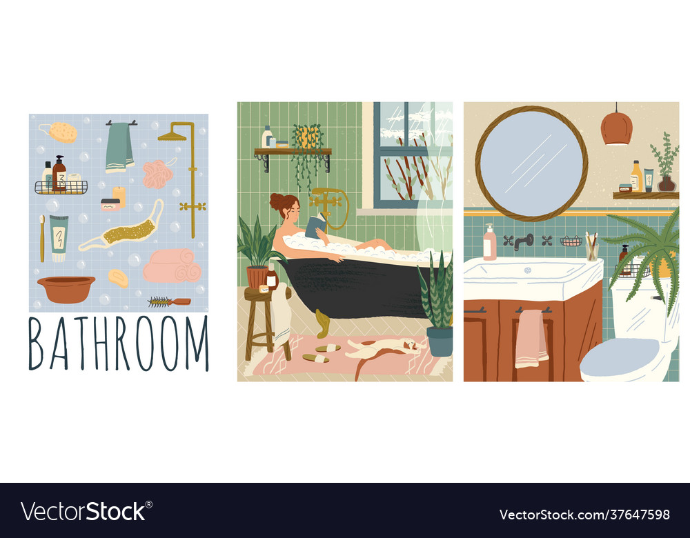 Set bathroom interiors hand drawn