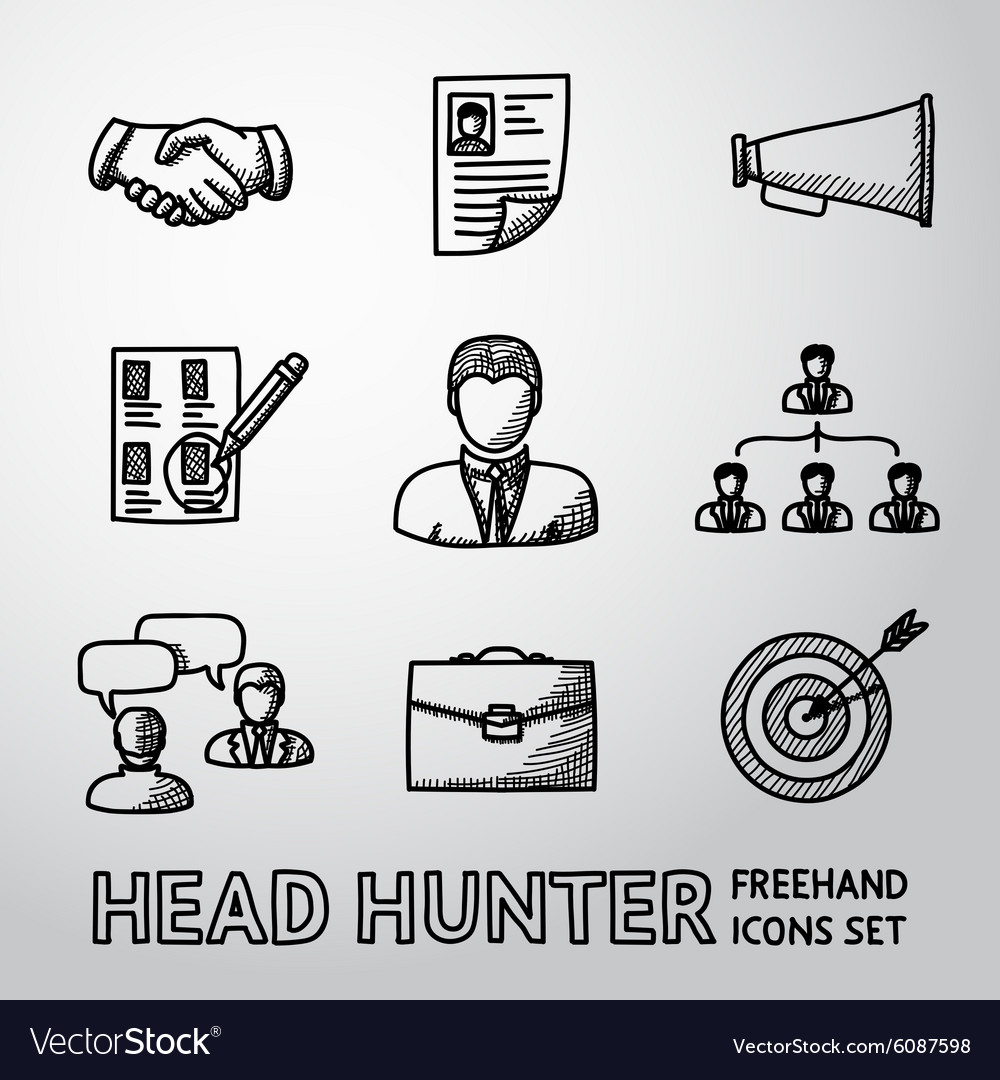 Set of handdrawn head hunter icons - handshake