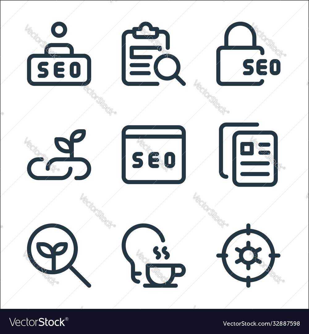 Web apps seo line icons linear set quality vector image Web apps seo line icons linear set quality