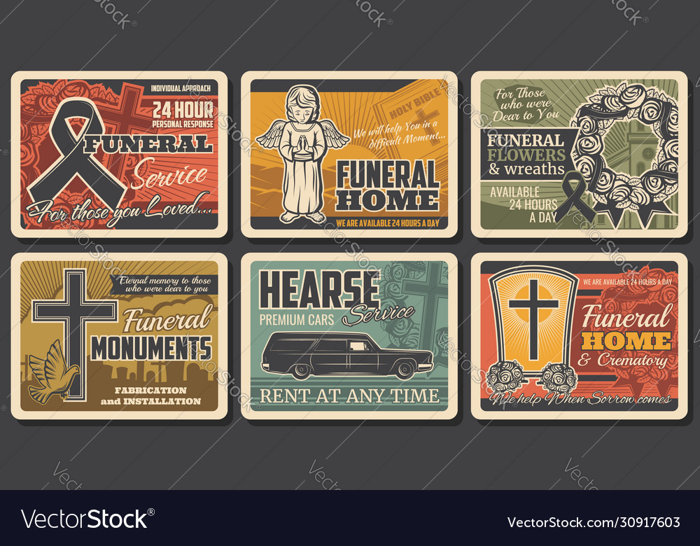 Posters funeral service tombs and rip wreath Vector Image