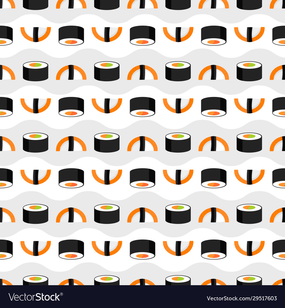 Sushi and rolls square pattern on white background