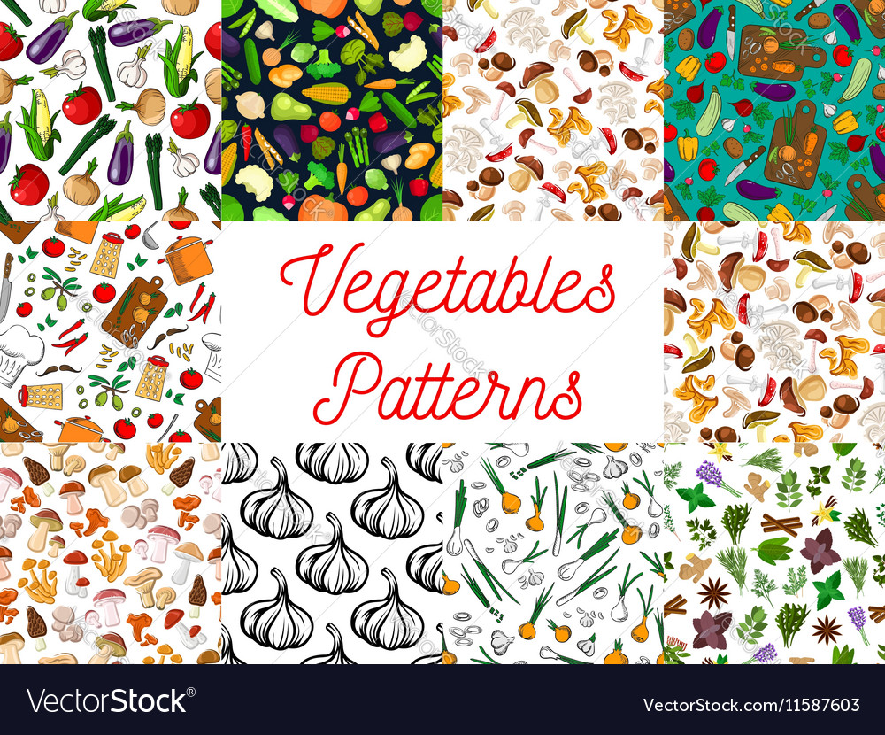 Vegetables herbs mushrooms seamless patterns set Vector Image