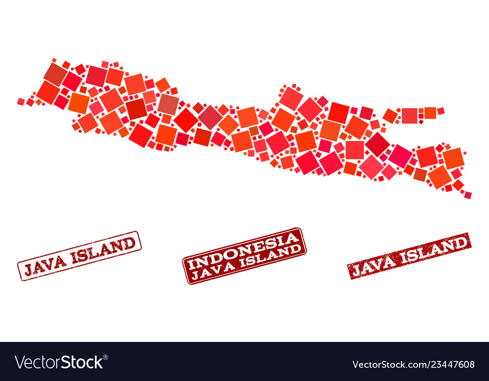Collage of red mosaic map java island vector image Collage of red mosaic map java island