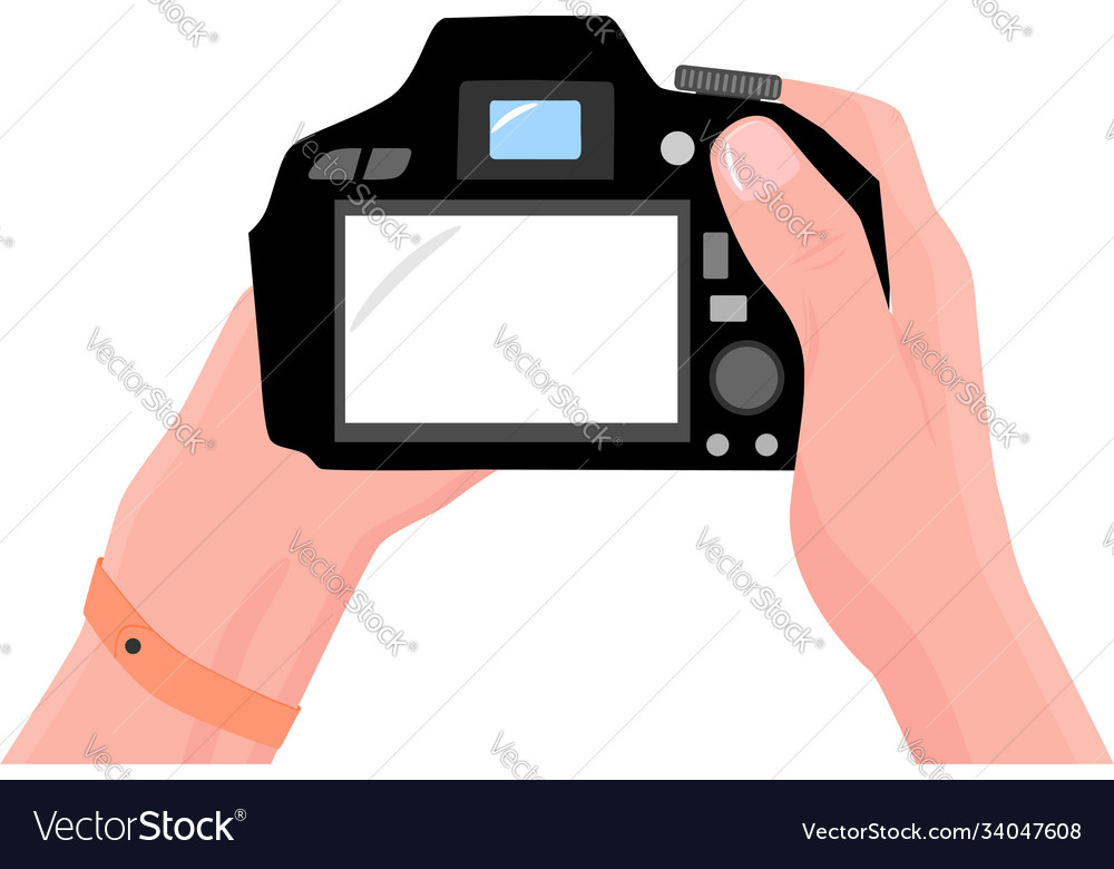 Hands with photo camera first-person view copy vector image Hands with photo camera first-person view copy