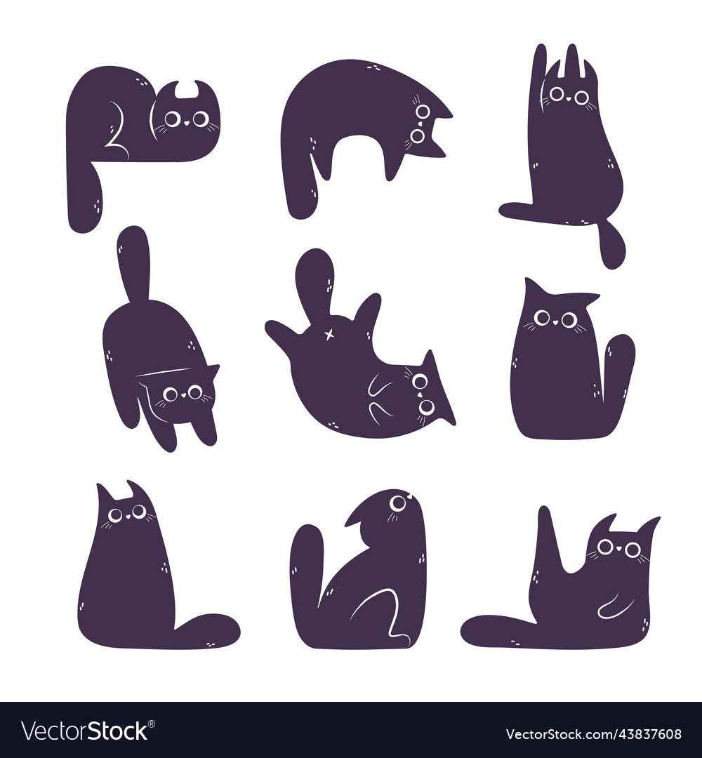 Set of cute black cats doodle isolated Royalty Free Vector