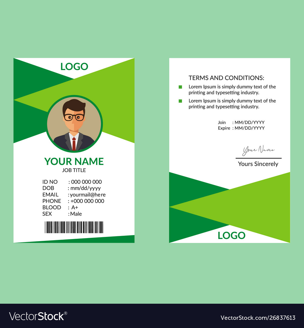 Green awesome id card template Royalty Free Vector Image Regarding membership card terms and conditions template