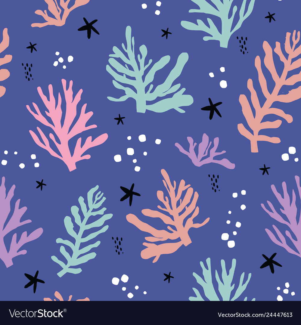 Seaweeds flat handdrawn seamless pattern