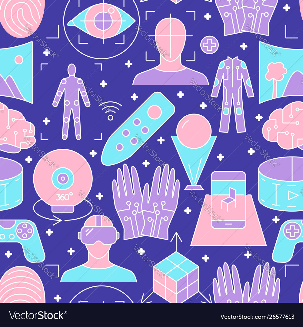 Virtual reality seamless pattern in colored line vector image Virtual reality seamless pattern in colored line