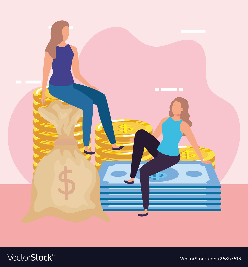 Junge Frauen mit Münzen Dollar Zeichen vector image Junge Frauen mit Münzen Dollar Zeichen