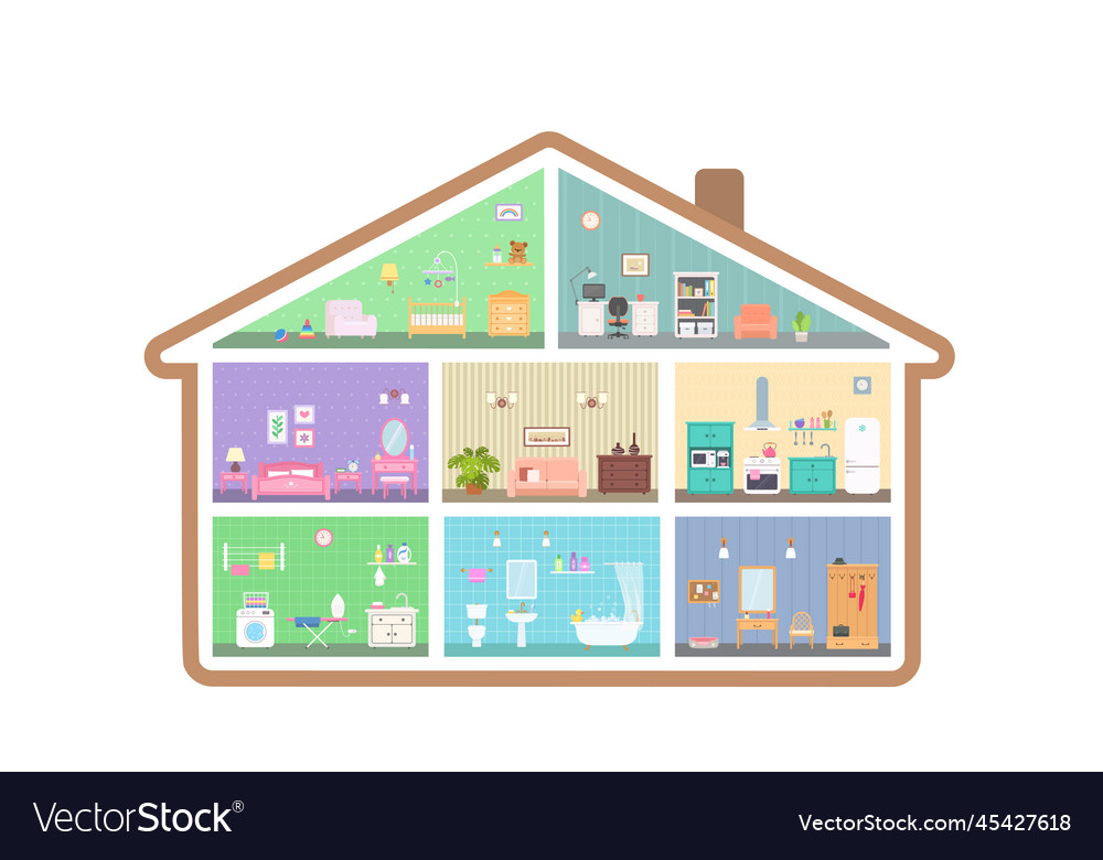 Dollhouse With Eight Rooms With Interior In Cross Vector Image