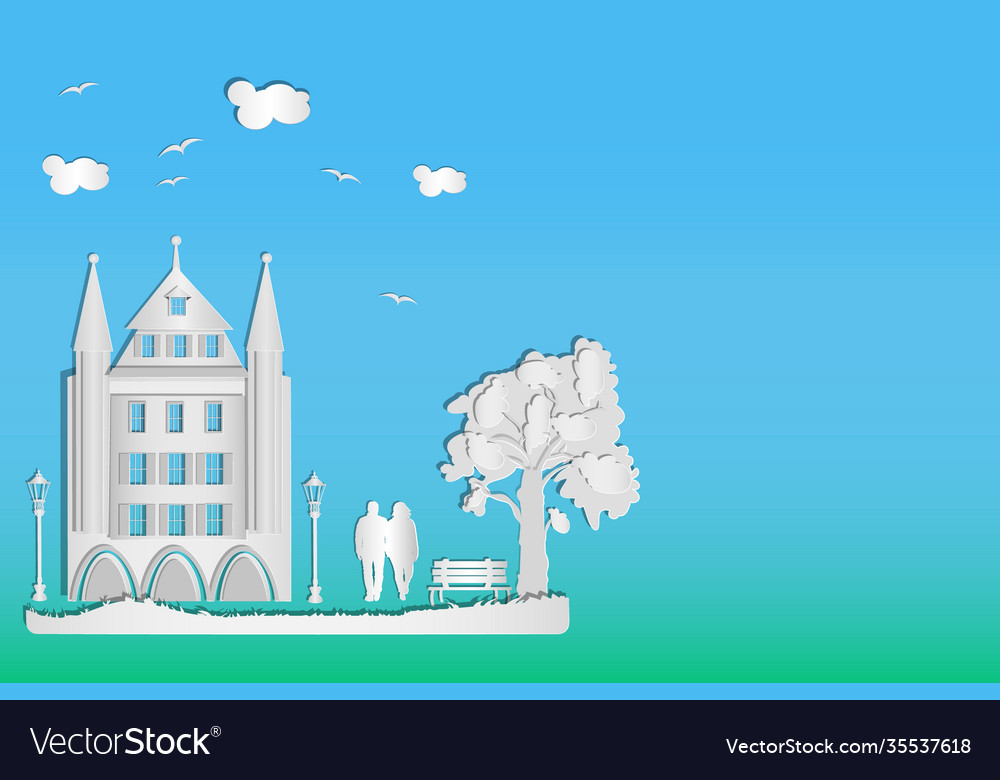 House with tree couple bench street lamp vector image House with tree couple bench street lamp