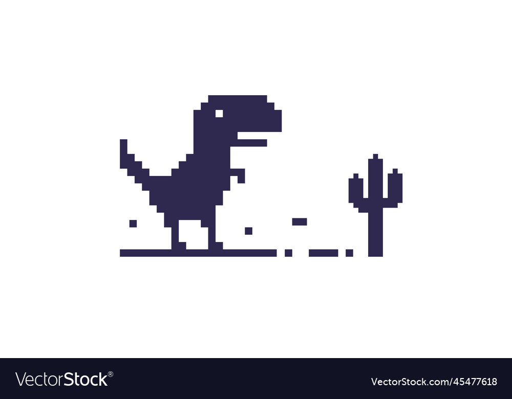 Pixel art de dinossauro descrevendo erro offline para internet