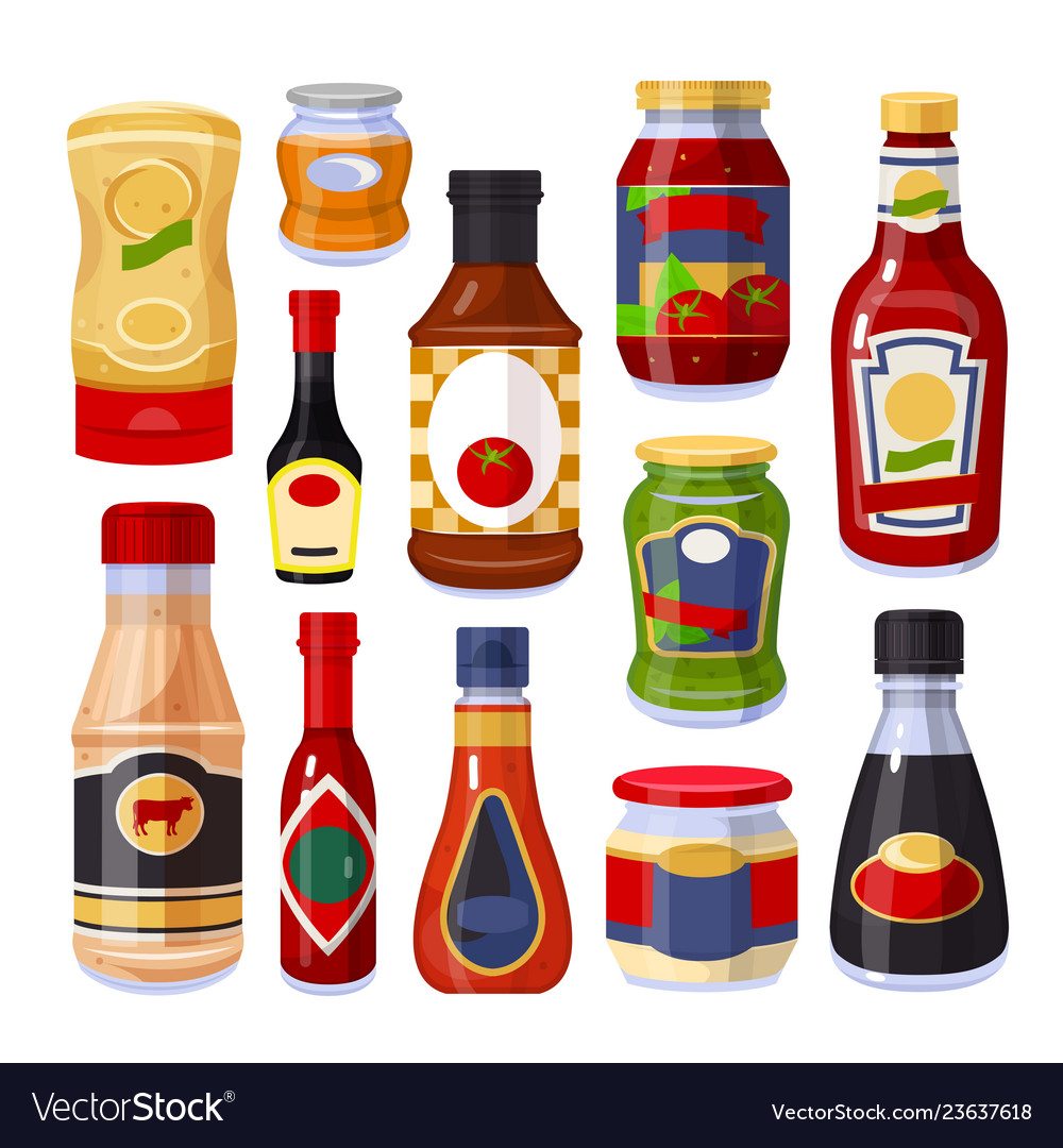 Sauces and spices ketchup in bottles set Vector Image