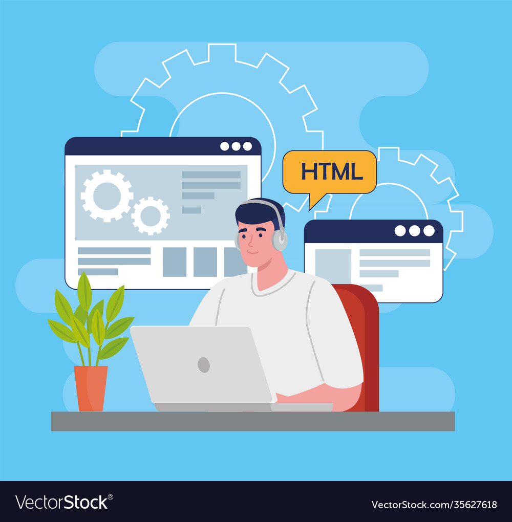 Software-Entwickler Programmierung in Laptop mit Code vector image Software-Entwickler Programmierung in Laptop mit Code