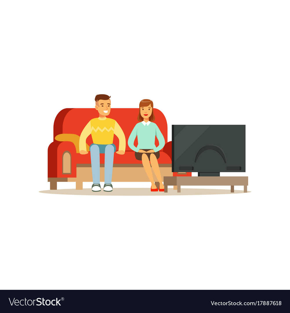 Young Man And Woman Watching Tv People Sitting On Vector Image