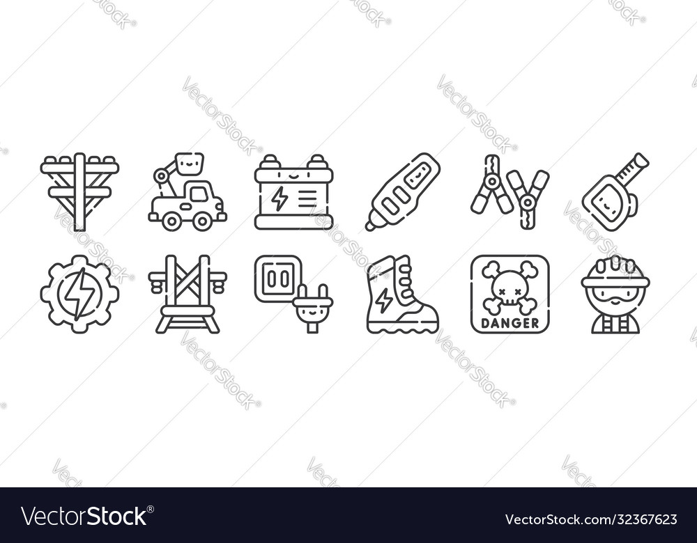 12 set linear electrician tools and elements vector image 12 set linear electrician tools and elements