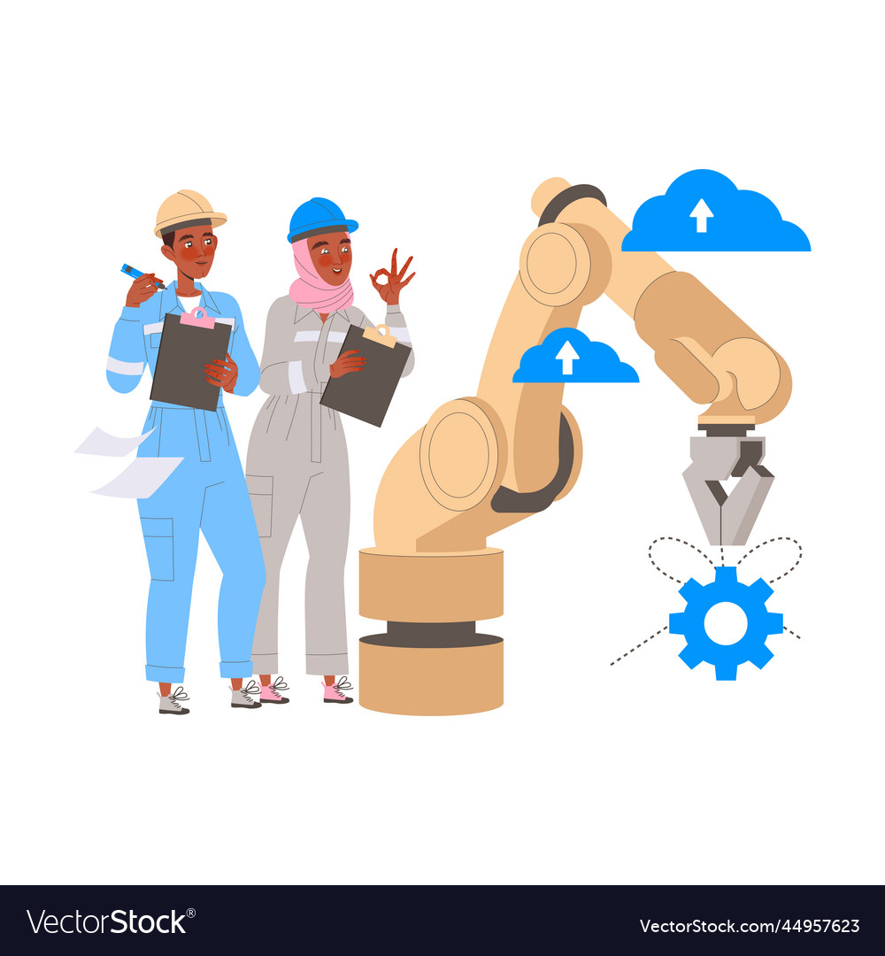 Robotics programming with man and woman engineer vector image Robotics programming with man and woman engineer