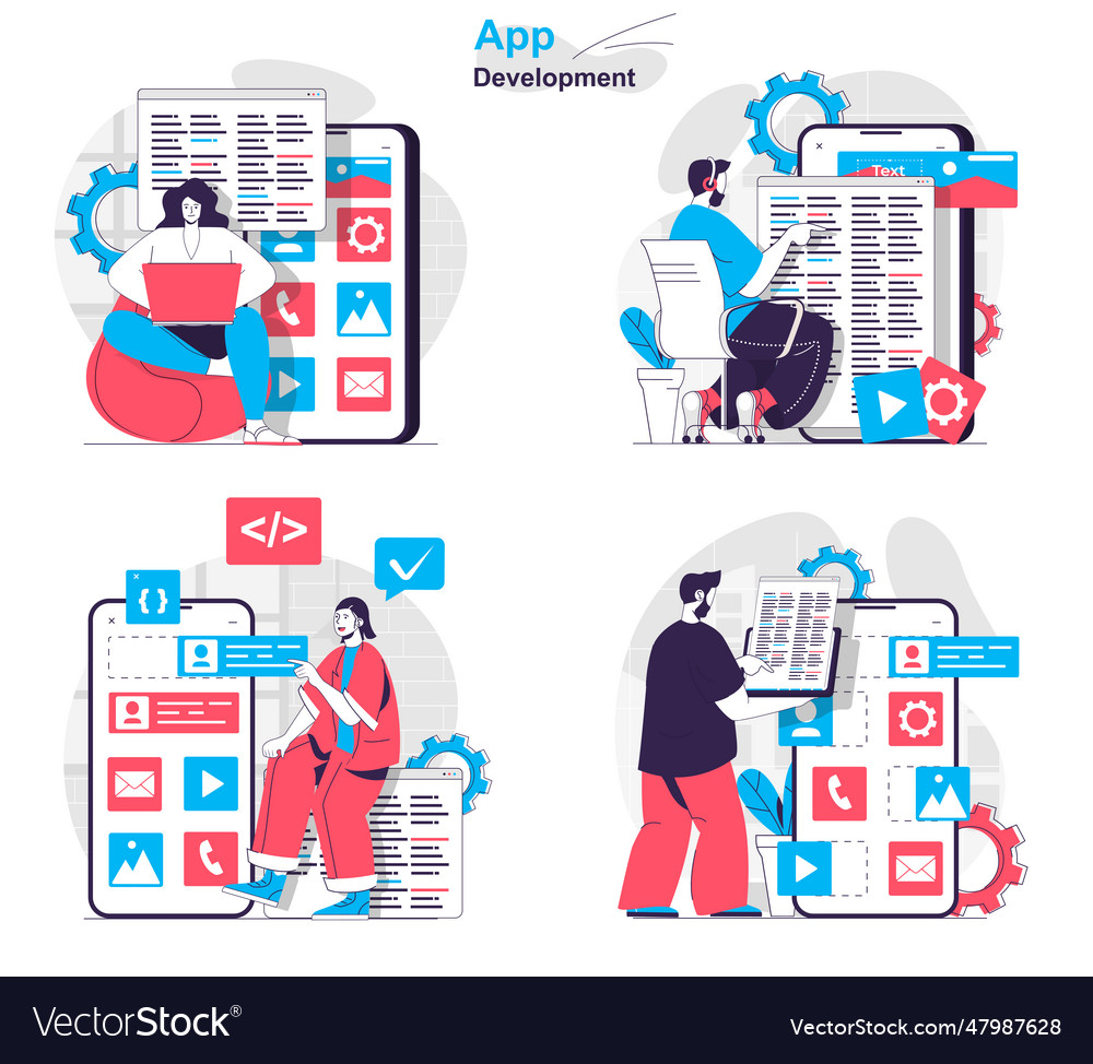 App development concept set developers write code