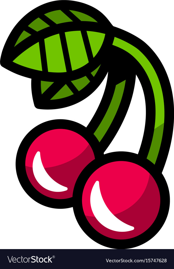 Cartoon cherry fruit on green stem with leaf