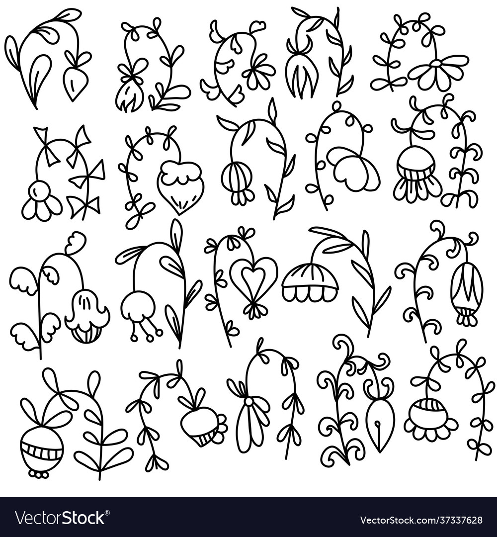 Set ornate Doodle Blumen mit langen gebogenen