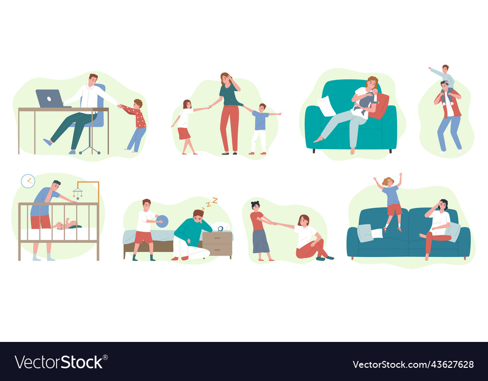 Tired parents flat set Royalty Free Vector Image